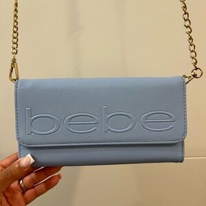 Bebe Light Blue Embossed Clutch with Gold Chain